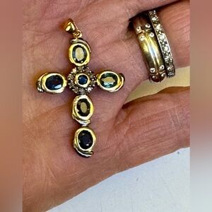 Vintage 9K Gold 925 silver tips rose cut genuine diamonds&sapphires Cross 3.66gm
